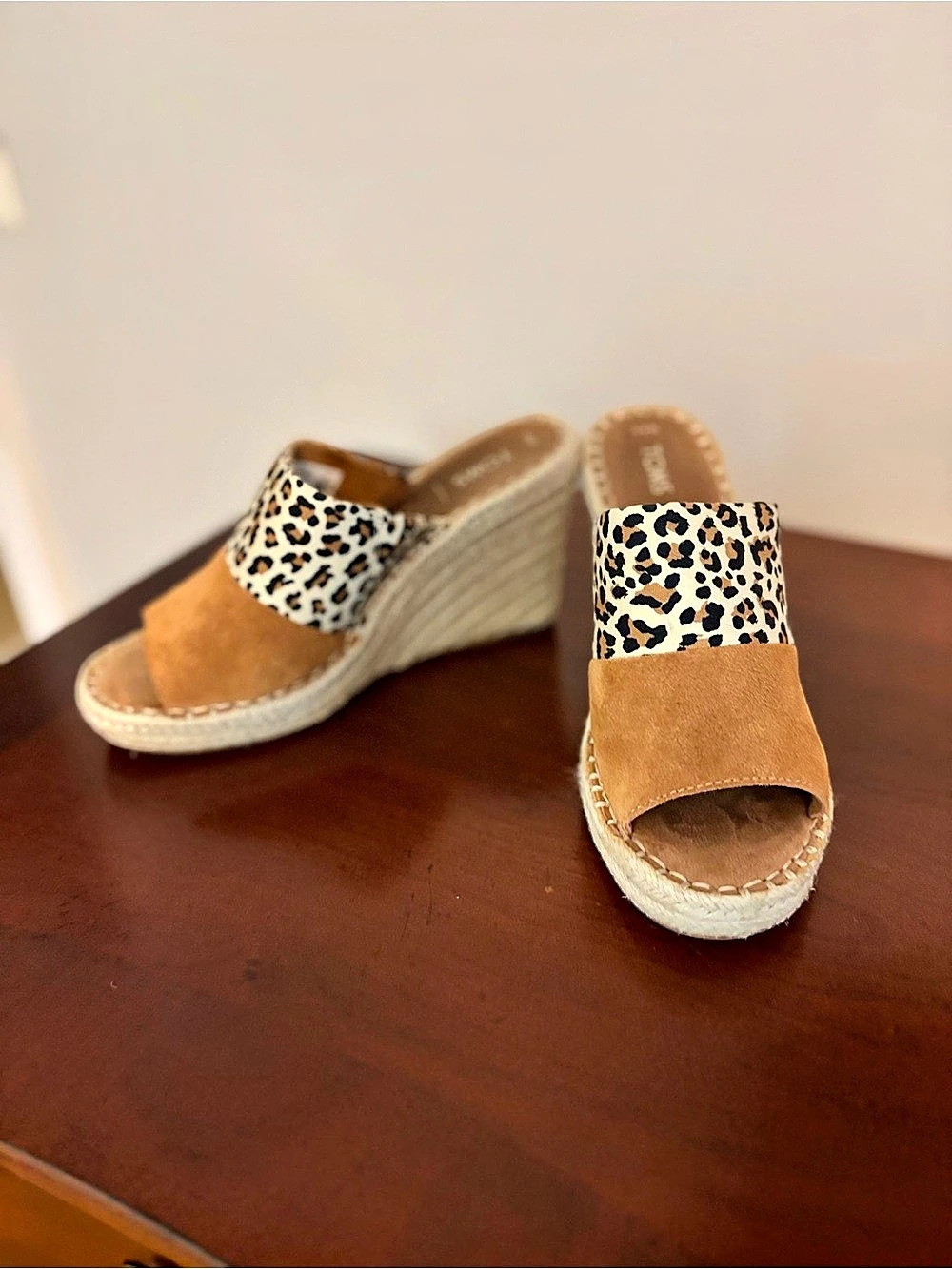 TOMS Monica Mule Wedge Leopard Print Sandals Brown & White US 6.5